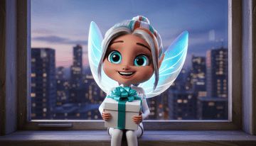 3D animated Tooth Fairy character Kiki smiling while sitting on a window ledge at night, holding a white gift box with a turquoise bow.