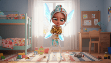 3D tooth fairy holding a bunch of gold coins in a bedroom