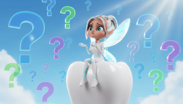3D animated Tooth Fairy character Kiki sitting on a giant tooth, looking confused, surrounded by colorful question marks in the sky.