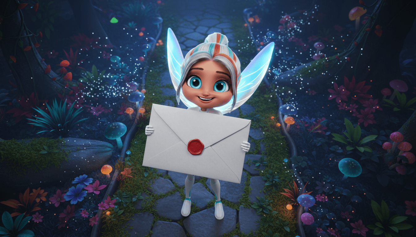 3D tooth fairy holding a big white envelope at night time