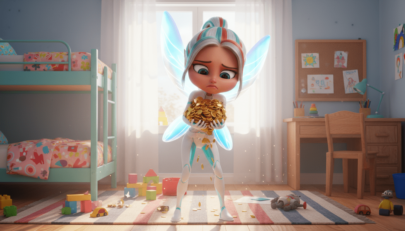 3D tooth fairy holding a bunch of gold coins in a bedroom