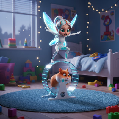 Kiki the Tooth Fairy shows her playful side, balancing on a glowing hamster wheel while the hamster runs beneath in a child’s toy-filled room.