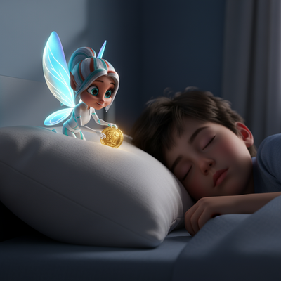 Kiki the Tooth Fairy hovers in a child’s bedroom, holding a sparkling lost tooth with a smile.