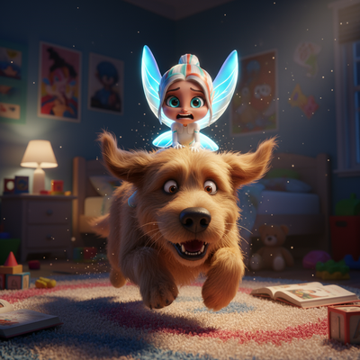 Kiki the Tooth Fairy holds on tight as she rides a playful golden retriever across a child’s bedroom, spreading laughter and magic.