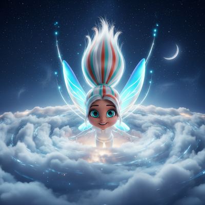 Kiki the Tooth Fairy rises above glowing clouds under a crescent moon