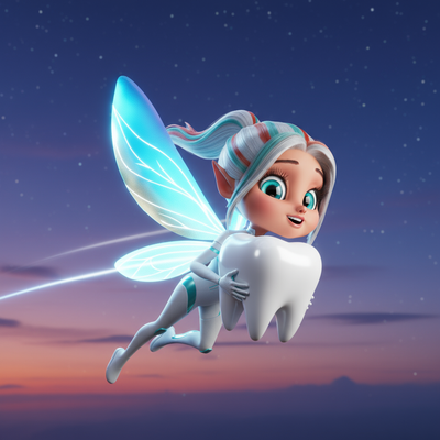 Kiki the Tooth Fairy flying above a city at sunset while carrying a giant glowing tooth.