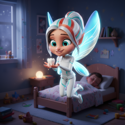 Kiki the Tooth Fairy hovers in a child’s bedroom, holding a sparkling lost tooth with a smile.