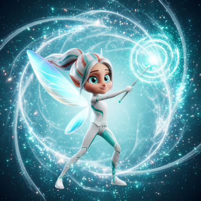 Kiki the Tooth Fairy casting a glowing spell with her wand, surrounded by sparkling blue magic.
