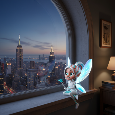 Kiki the Tooth Fairy sitting on a window ledge overlooking the New York City skyline with glowing wings.