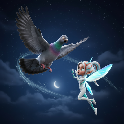 Kiki the Tooth Fairy looks surprised as a pigeon swoops past her in the moonlit night sky.